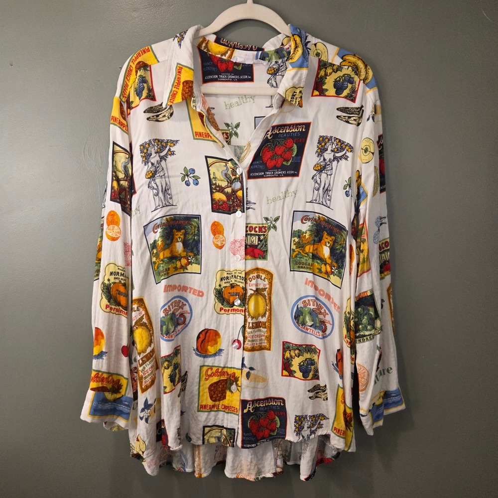 Jane + Delancey Women's Button Up Blouse Size 2X Fruit & Animal Print